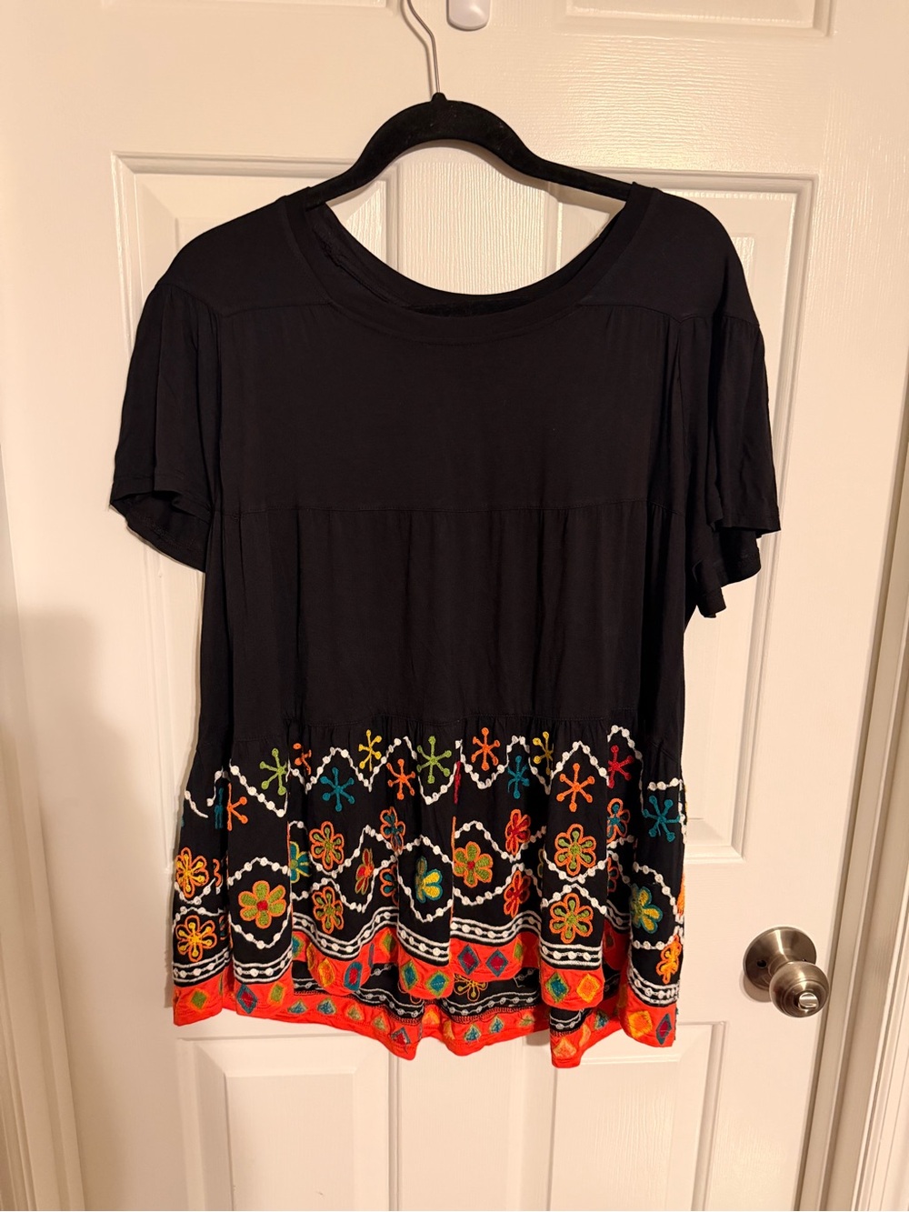 Double D Ranch Black Short Sleeve Top with Colorful Hem Embroidery